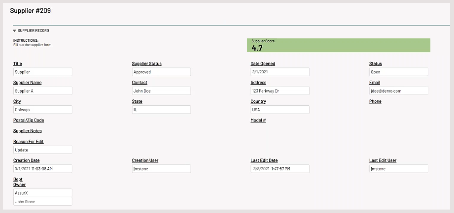 Supplier Scorecard | EQMS Supplier Record Sample