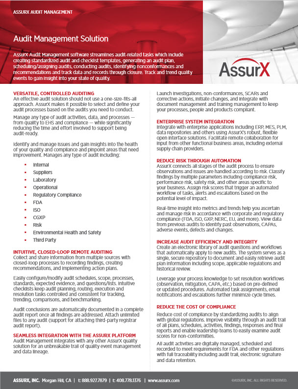 AssurX Audit Management Solution Software QMS Brochure Cover