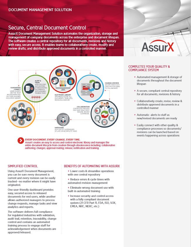 AssurX Document Management System Solution Product Brochure Cover