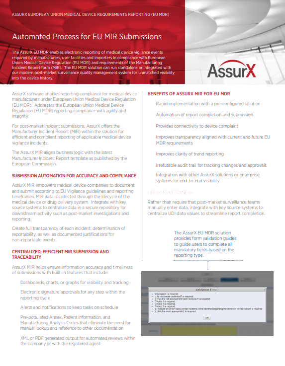 AssurX Quality and Compliance EU MIR Product Brochure Cover