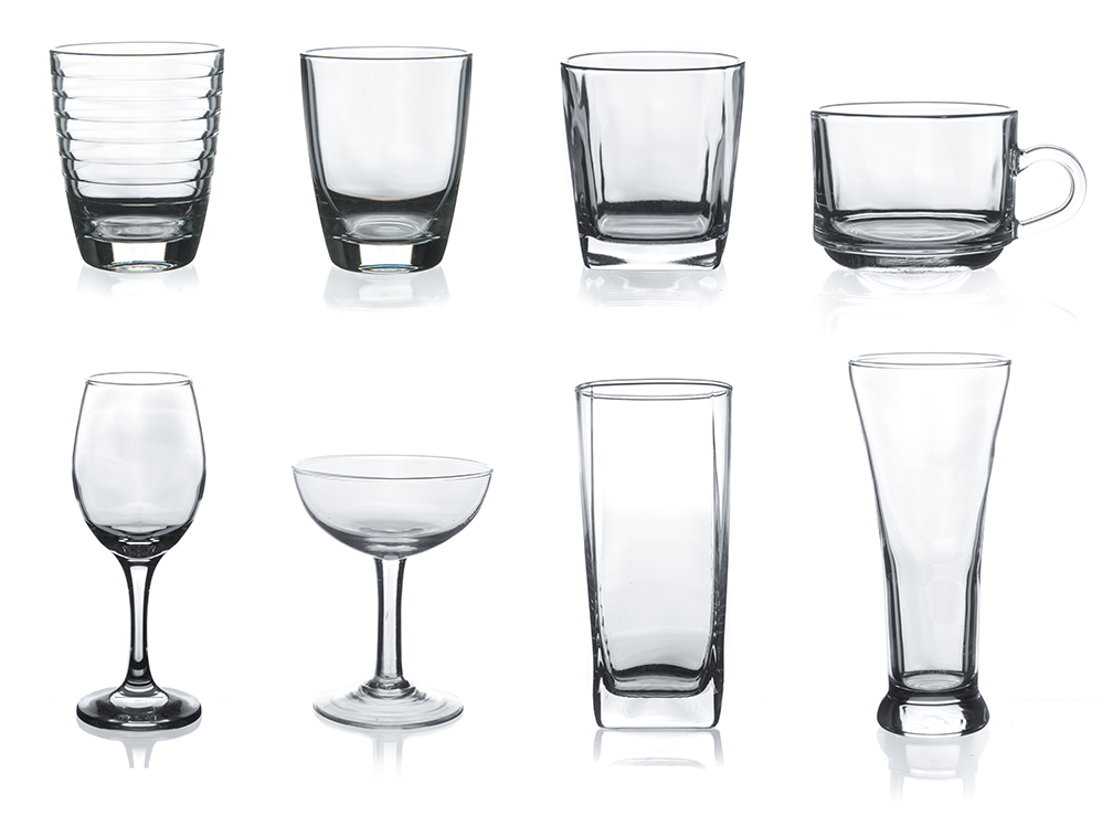 Assortment of glasses, including short and tall