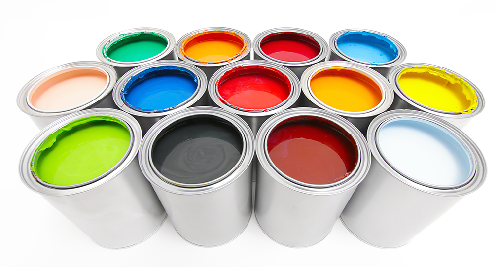 Various buckets of paint in different colors