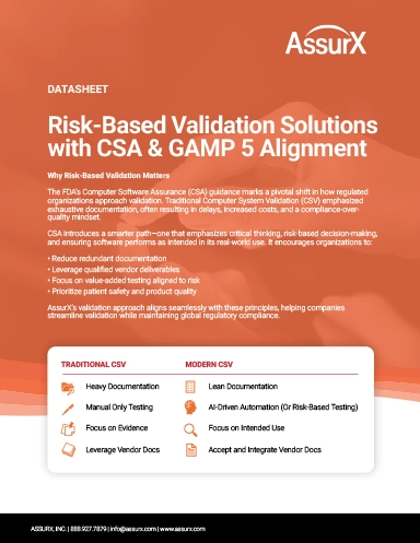 AssurX Risk Based Validation Solutions with CSA & GAMP 5 Alignment